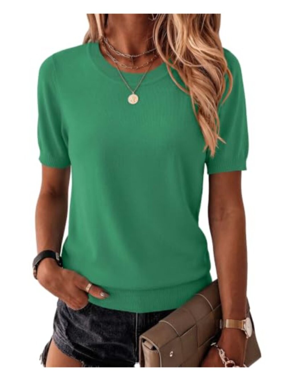 Womens 100% Viscose Short Sleeve Crew Neck Pullover Sweater Lightweight Casual